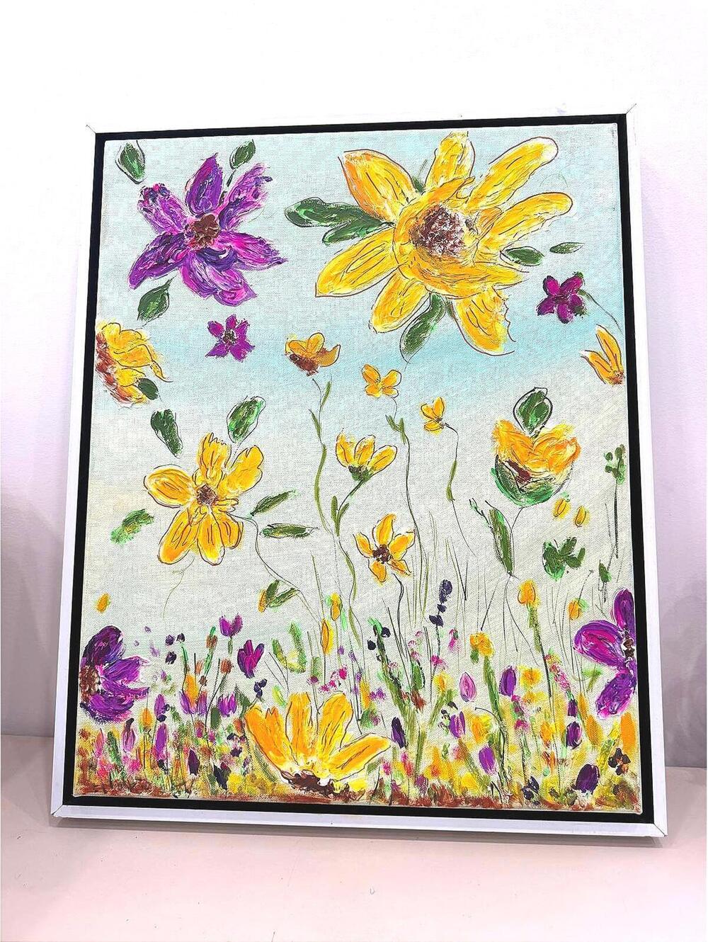 Original Floral Painting with Yellow and Purple Flowers 16x20" Framed